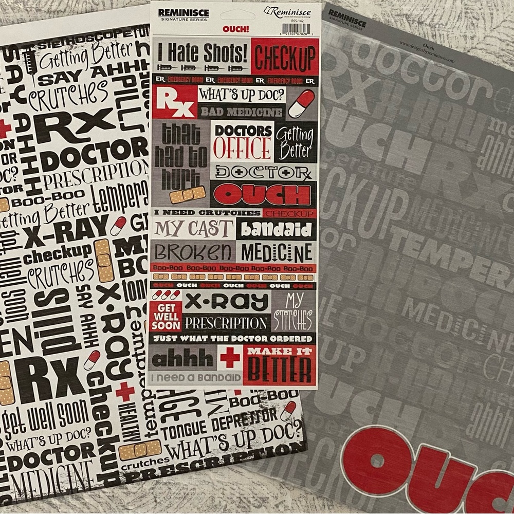 🩺 REMINISCE “OUCH” STICKERS & SCRAPBOOK PAPER BUNDLE. RETIRED DESIGN!